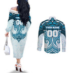 Personalized Cronulla-Sutherland Sharks Couples Matching Off The Shoulder Long Sleeve Dress and Long Sleeve Button Shirt Polynesian Tribal Pattern Style