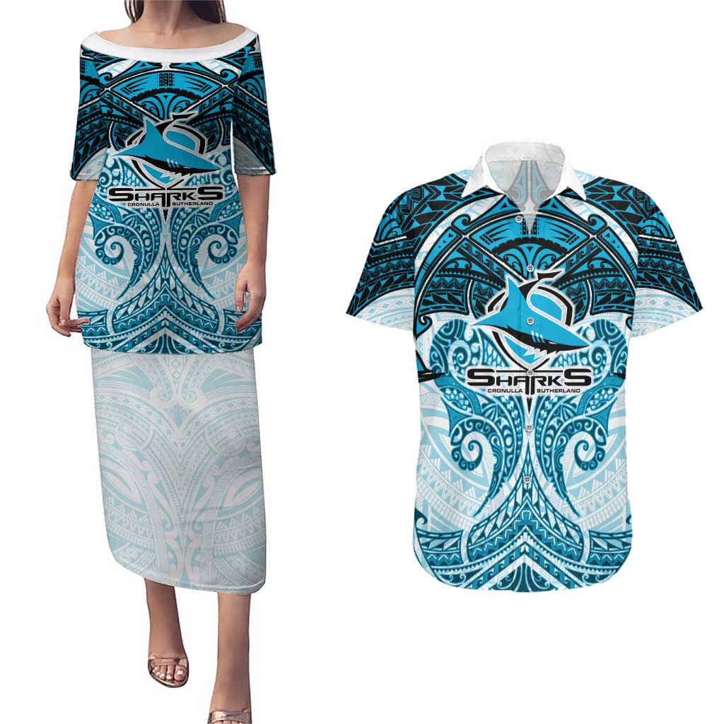 Personalized Cronulla-Sutherland Sharks Couples Matching Puletasi and Hawaiian Shirt Polynesian Tribal Pattern Style