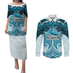 Personalized Cronulla-Sutherland Sharks Couples Matching Puletasi and Long Sleeve Button Shirt Polynesian Tribal Pattern Style