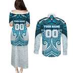 Personalized Cronulla-Sutherland Sharks Couples Matching Puletasi and Long Sleeve Button Shirt Polynesian Tribal Pattern Style