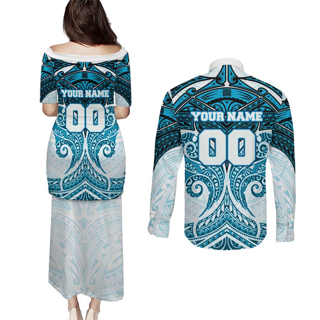 Personalized Cronulla-Sutherland Sharks Couples Matching Puletasi and Long Sleeve Button Shirt Polynesian Tribal Pattern Style