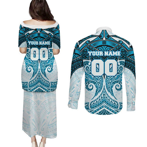 Personalized Cronulla-Sutherland Sharks Couples Matching Puletasi and Long Sleeve Button Shirt Polynesian Tribal Pattern Style