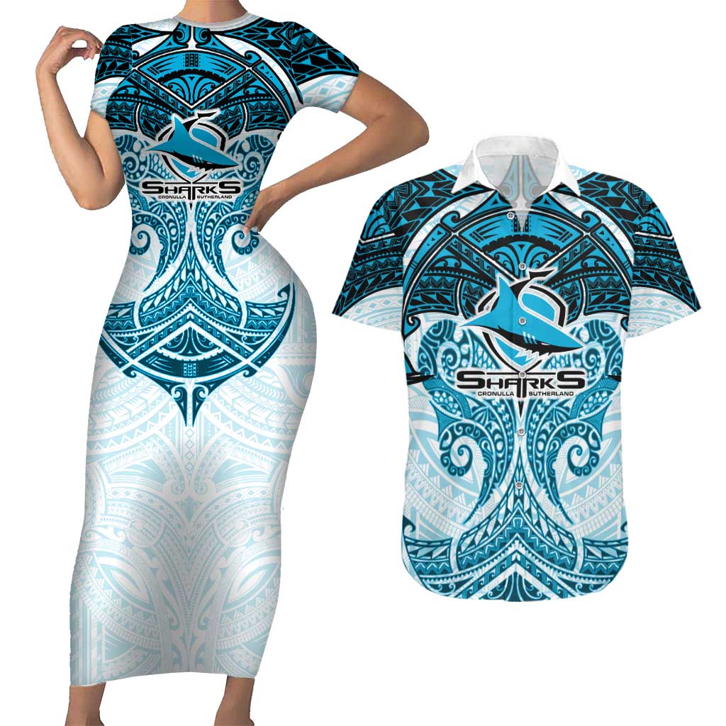 Personalized Cronulla-Sutherland Sharks Couples Matching Short Sleeve Bodycon Dress and Hawaiian Shirt Polynesian Tribal Pattern Style