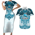 Personalized Cronulla-Sutherland Sharks Couples Matching Short Sleeve Bodycon Dress and Hawaiian Shirt Polynesian Tribal Pattern Style