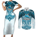 Personalized Cronulla-Sutherland Sharks Couples Matching Short Sleeve Bodycon Dress and Long Sleeve Button Shirt Polynesian Tribal Pattern Style