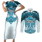 Personalized Cronulla-Sutherland Sharks Couples Matching Short Sleeve Bodycon Dress and Long Sleeve Button Shirt Polynesian Tribal Pattern Style