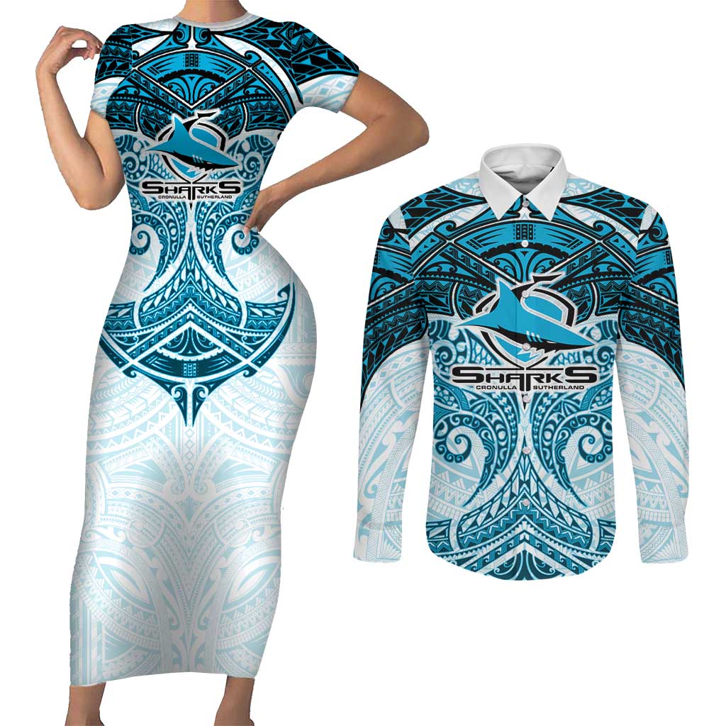 Personalized Cronulla-Sutherland Sharks Couples Matching Short Sleeve Bodycon Dress and Long Sleeve Button Shirt Polynesian Tribal Pattern Style