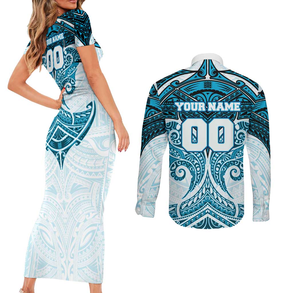Personalized Cronulla-Sutherland Sharks Couples Matching Short Sleeve Bodycon Dress and Long Sleeve Button Shirt Polynesian Tribal Pattern Style