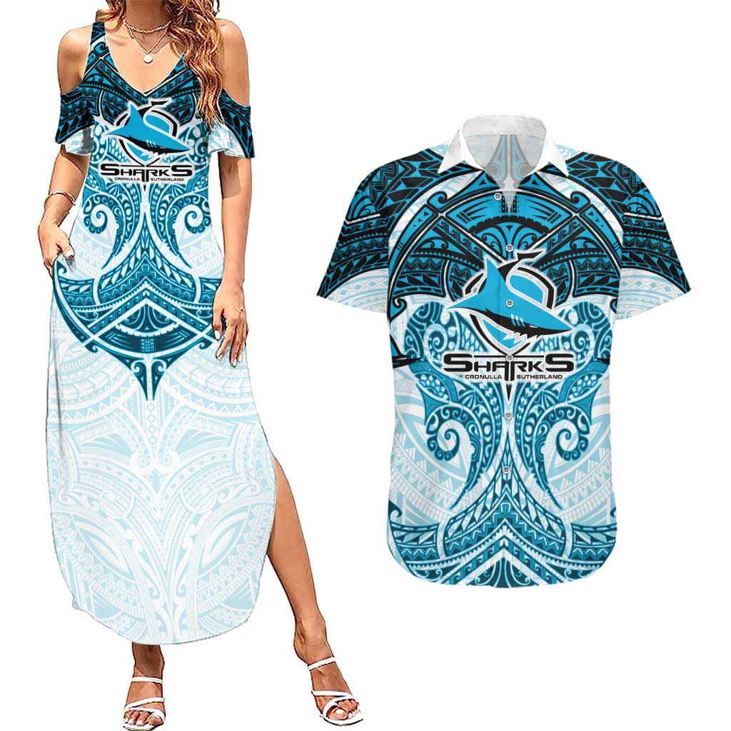 Personalized Cronulla-Sutherland Sharks Couples Matching Summer Maxi Dress and Hawaiian Shirt Polynesian Tribal Pattern Style
