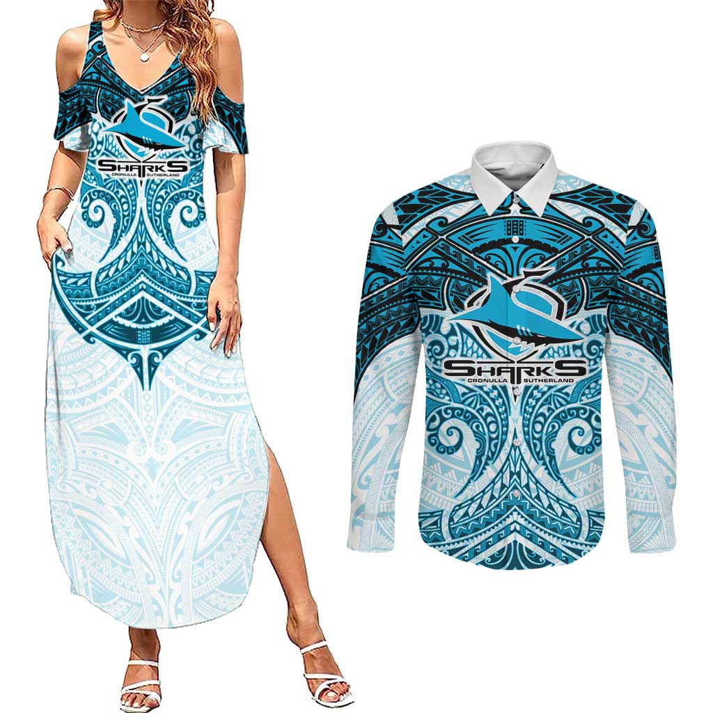 Personalized Cronulla-Sutherland Sharks Couples Matching Summer Maxi Dress and Long Sleeve Button Shirt Polynesian Tribal Pattern Style
