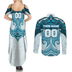 Personalized Cronulla-Sutherland Sharks Couples Matching Summer Maxi Dress and Long Sleeve Button Shirt Polynesian Tribal Pattern Style
