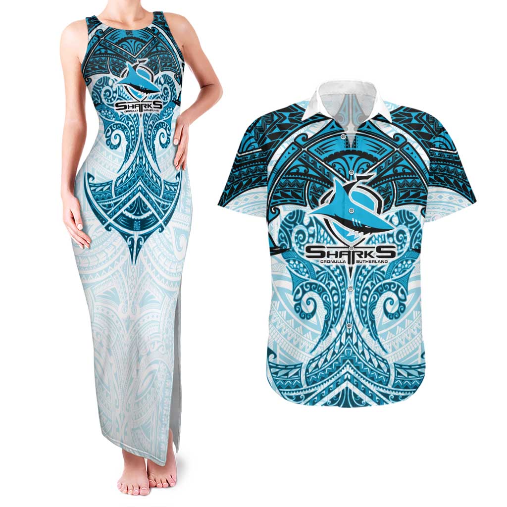 Personalized Cronulla-Sutherland Sharks Couples Matching Tank Maxi Dress and Hawaiian Shirt Polynesian Tribal Pattern Style