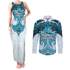 Personalized Cronulla-Sutherland Sharks Couples Matching Tank Maxi Dress and Long Sleeve Button Shirt Polynesian Tribal Pattern Style