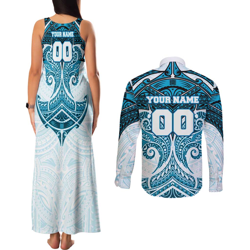 Personalized Cronulla-Sutherland Sharks Couples Matching Tank Maxi Dress and Long Sleeve Button Shirt Polynesian Tribal Pattern Style