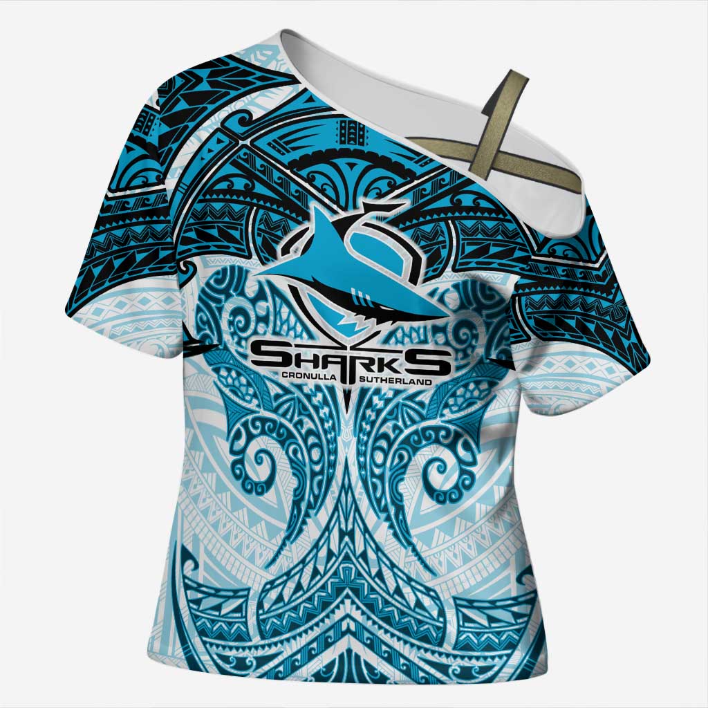 Personalized Cronulla-Sutherland Sharks Cross Shoulder Shirt Polynesian Tribal Pattern Style
