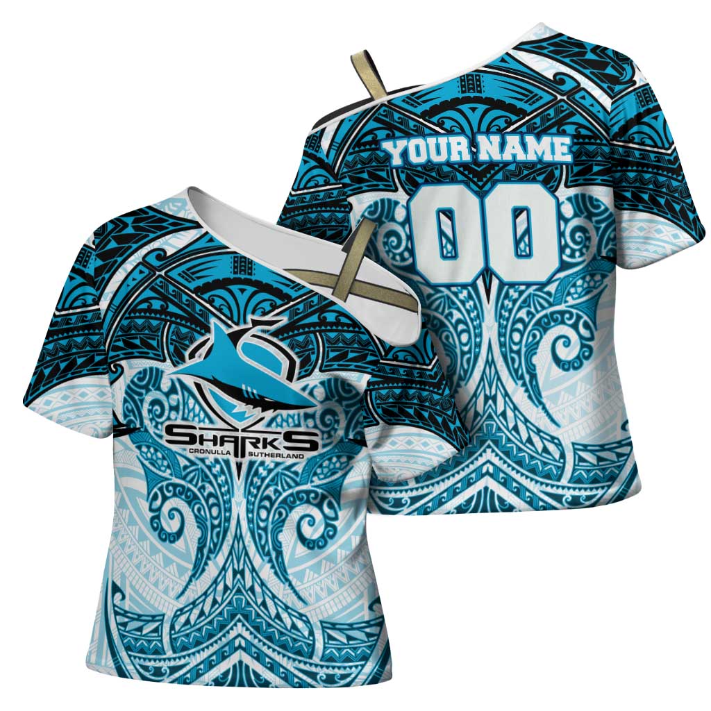Personalized Cronulla-Sutherland Sharks Cross Shoulder Shirt Polynesian Tribal Pattern Style