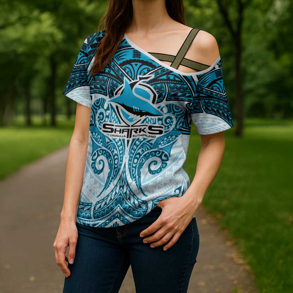 Personalized Cronulla-Sutherland Sharks Cross Shoulder Shirt Polynesian Tribal Pattern Style