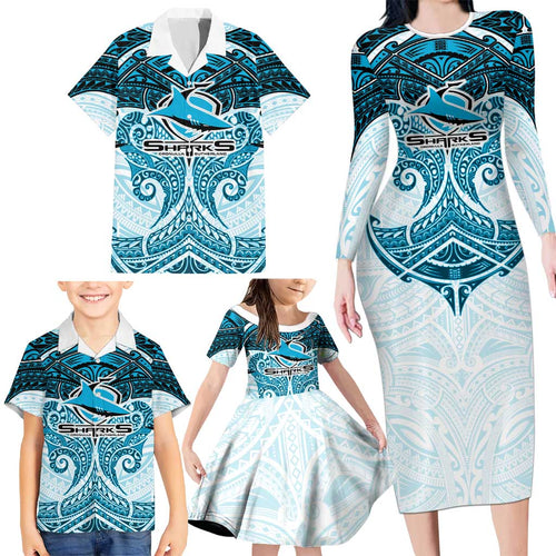 Personalized Cronulla-Sutherland Sharks Family Matching Long Sleeve Bodycon Dress and Hawaiian Shirt Polynesian Tribal Pattern Style