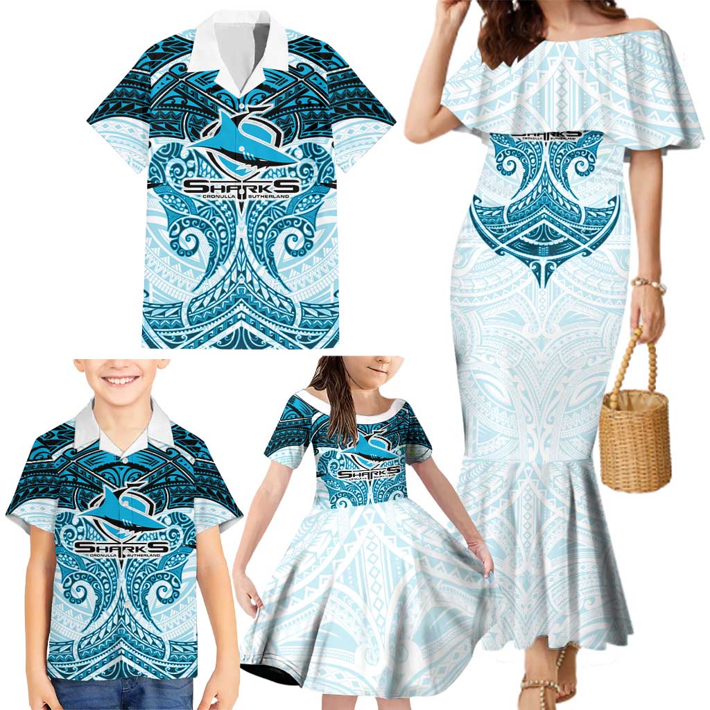Personalized Cronulla-Sutherland Sharks Family Matching Mermaid Dress and Hawaiian Shirt Polynesian Tribal Pattern Style