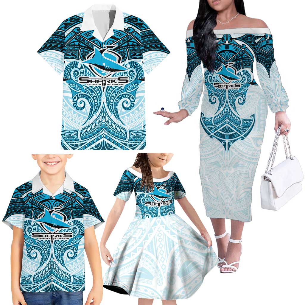 Personalized Cronulla-Sutherland Sharks Family Matching Off The Shoulder Long Sleeve Dress and Hawaiian Shirt Polynesian Tribal Pattern Style