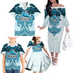 Personalized Cronulla-Sutherland Sharks Family Matching Off The Shoulder Long Sleeve Dress and Hawaiian Shirt Polynesian Tribal Pattern Style