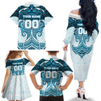 Personalized Cronulla-Sutherland Sharks Family Matching Off The Shoulder Long Sleeve Dress and Hawaiian Shirt Polynesian Tribal Pattern Style