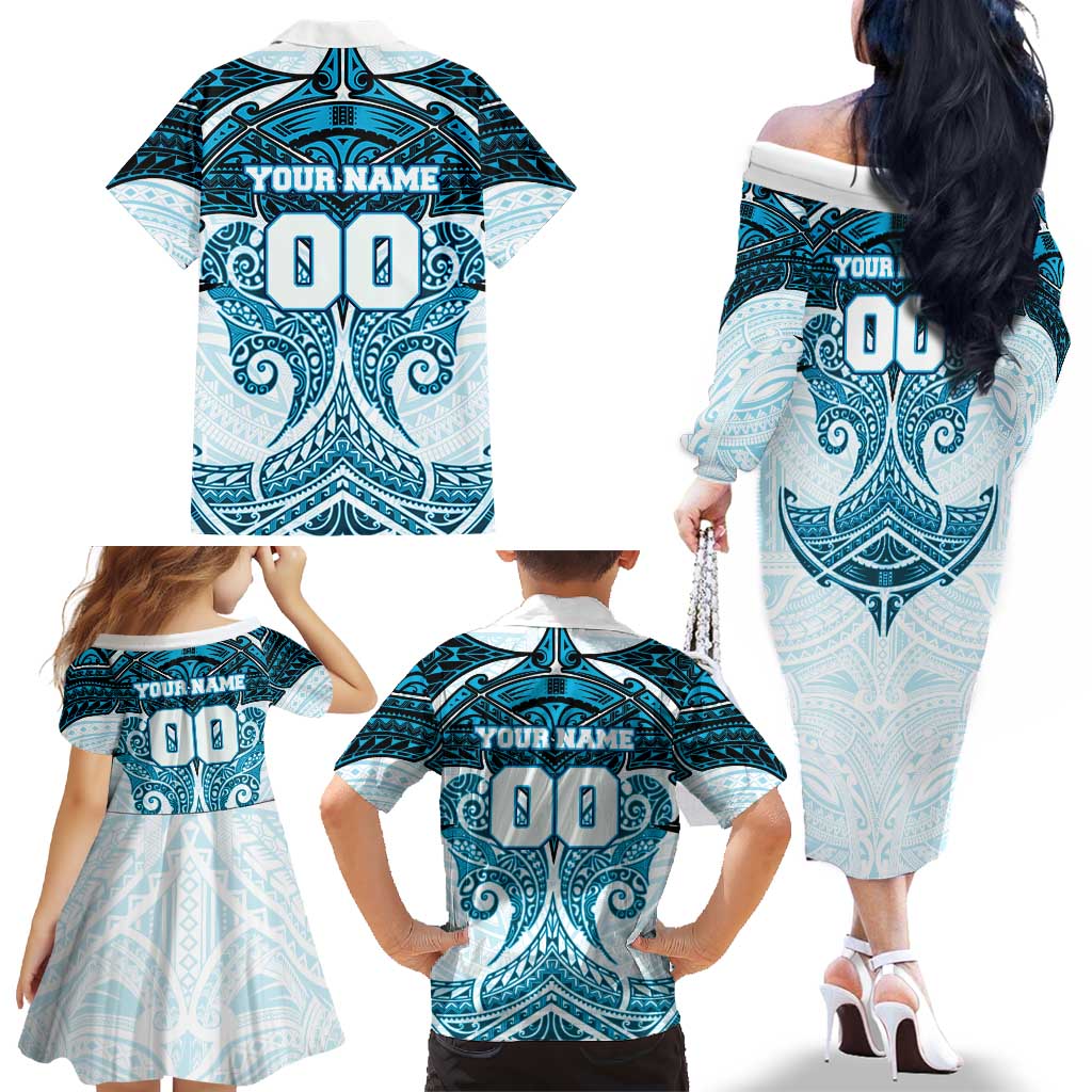 Personalized Cronulla-Sutherland Sharks Family Matching Off The Shoulder Long Sleeve Dress and Hawaiian Shirt Polynesian Tribal Pattern Style