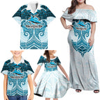 Personalized Cronulla-Sutherland Sharks Family Matching Off Shoulder Maxi Dress and Hawaiian Shirt Polynesian Tribal Pattern Style