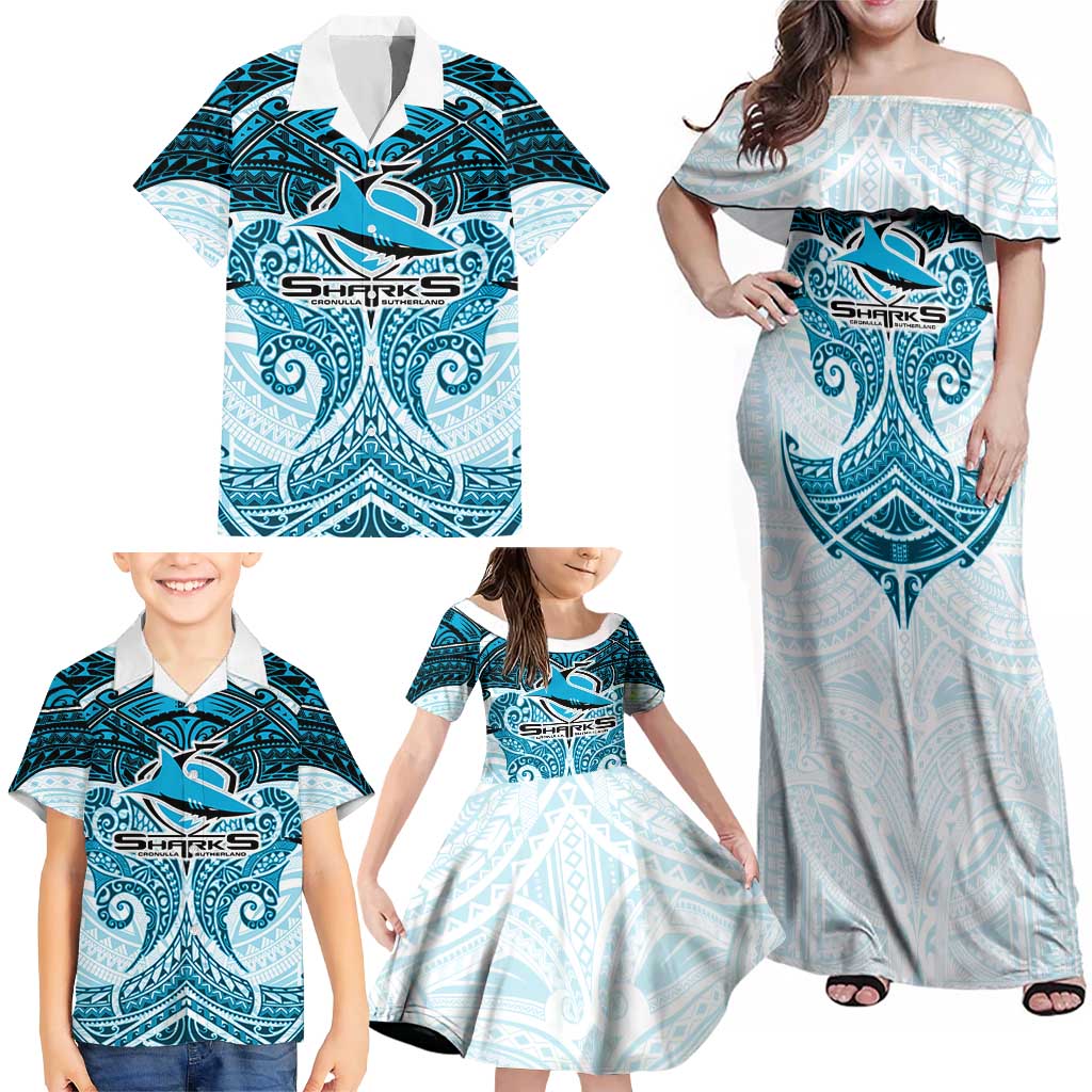 Personalized Cronulla-Sutherland Sharks Family Matching Off Shoulder Maxi Dress and Hawaiian Shirt Polynesian Tribal Pattern Style