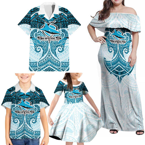 Personalized Cronulla-Sutherland Sharks Family Matching Off Shoulder Maxi Dress and Hawaiian Shirt Polynesian Tribal Pattern Style