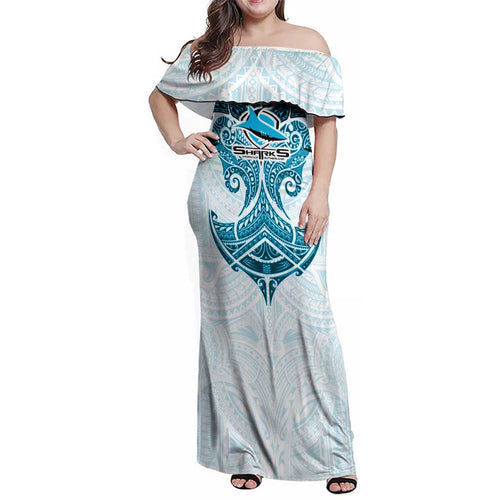 Personalized Cronulla-Sutherland Sharks Family Matching Off Shoulder Maxi Dress and Hawaiian Shirt Polynesian Tribal Pattern Style