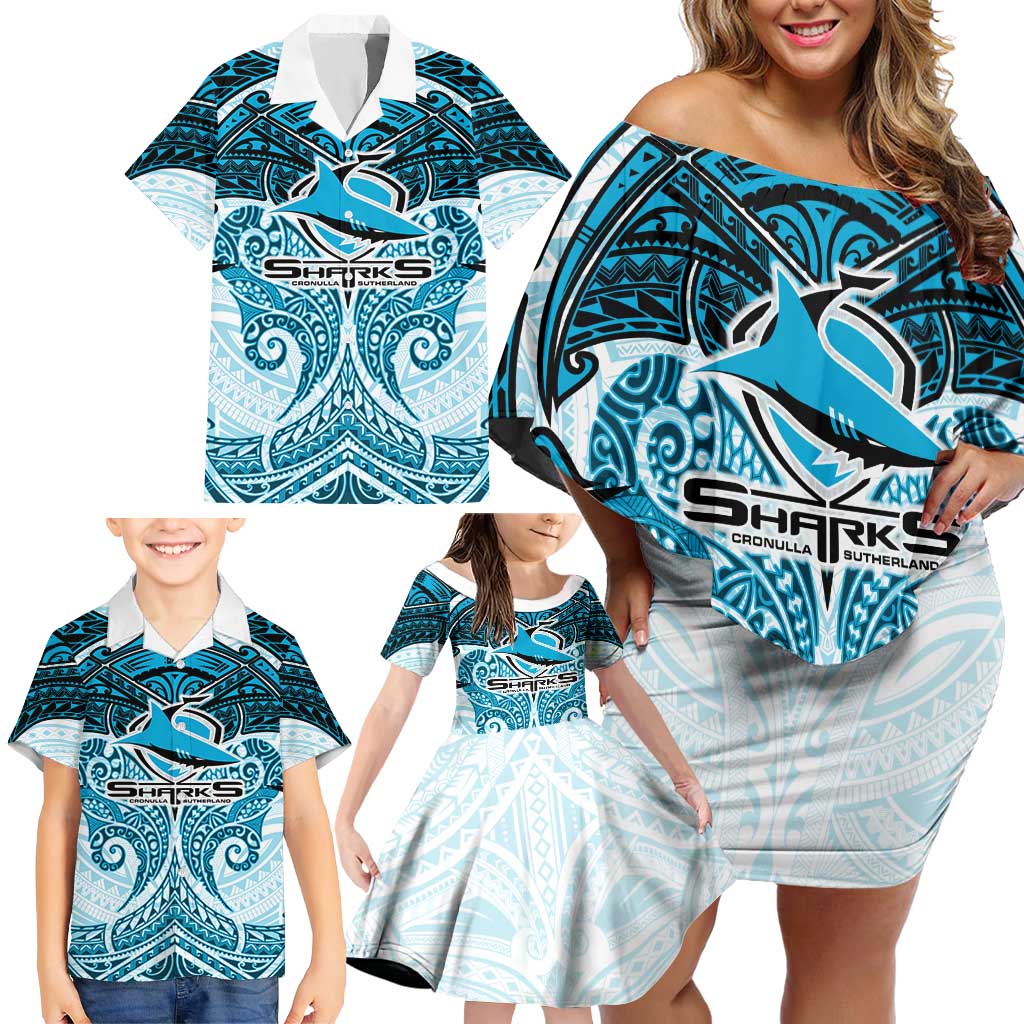 Personalized Cronulla-Sutherland Sharks Family Matching Off Shoulder Short Dress and Hawaiian Shirt Polynesian Tribal Pattern Style