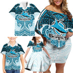 Personalized Cronulla-Sutherland Sharks Family Matching Off Shoulder Short Dress and Hawaiian Shirt Polynesian Tribal Pattern Style