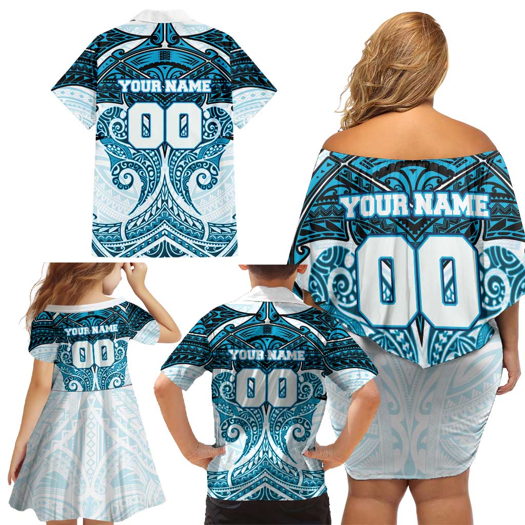 Personalized Cronulla-Sutherland Sharks Family Matching Off Shoulder Short Dress and Hawaiian Shirt Polynesian Tribal Pattern Style