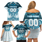 Personalized Cronulla-Sutherland Sharks Family Matching Off Shoulder Short Dress and Hawaiian Shirt Polynesian Tribal Pattern Style