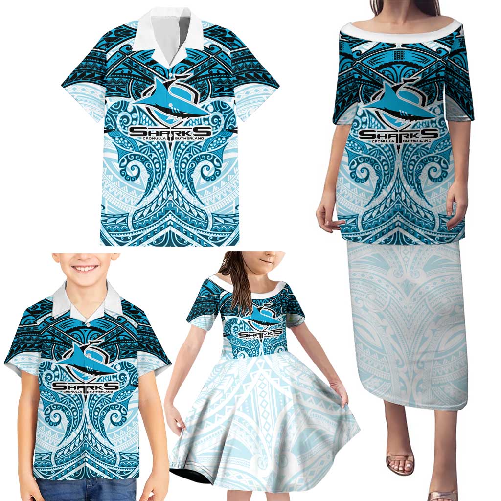 Personalized Cronulla-Sutherland Sharks Family Matching Puletasi and Hawaiian Shirt Polynesian Tribal Pattern Style