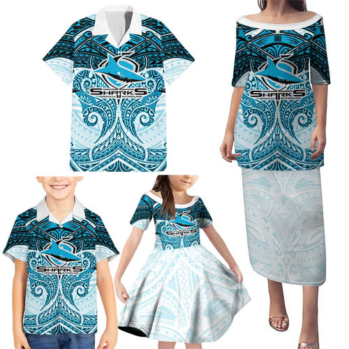 Personalized Cronulla-Sutherland Sharks Family Matching Puletasi and Hawaiian Shirt Polynesian Tribal Pattern Style