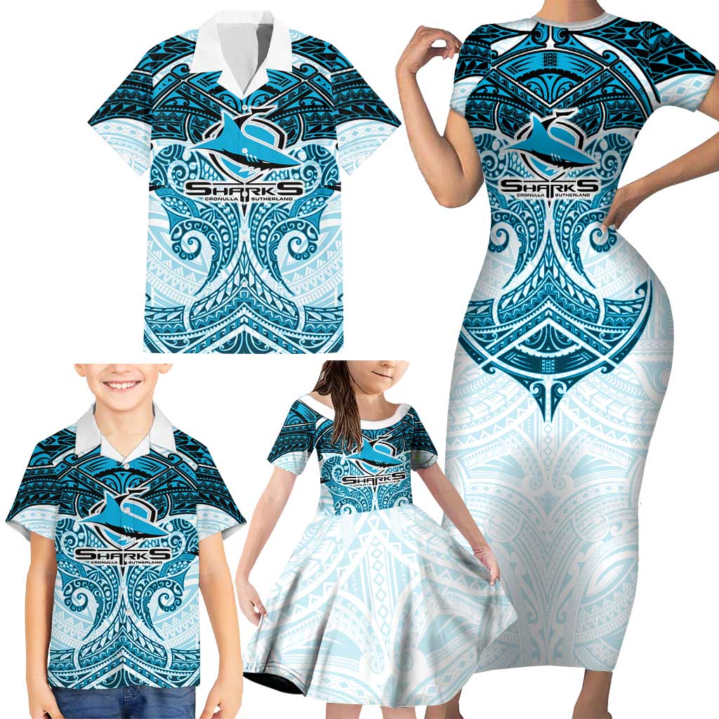 Personalized Cronulla-Sutherland Sharks Family Matching Short Sleeve Bodycon Dress and Hawaiian Shirt Polynesian Tribal Pattern Style