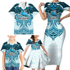 Personalized Cronulla-Sutherland Sharks Family Matching Short Sleeve Bodycon Dress and Hawaiian Shirt Polynesian Tribal Pattern Style