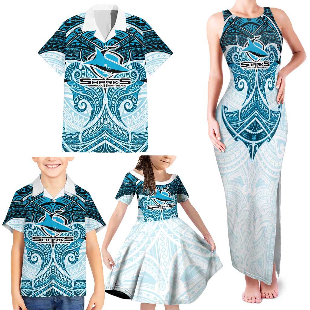 Personalized Cronulla-Sutherland Sharks Family Matching Tank Maxi Dress and Hawaiian Shirt Polynesian Tribal Pattern Style
