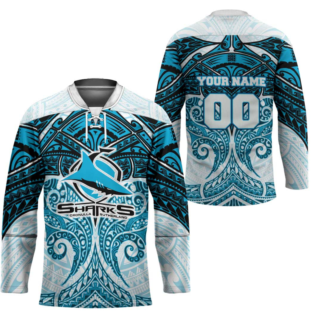 Personalized Cronulla-Sutherland Sharks Hockey Jersey Polynesian Tribal Pattern Style