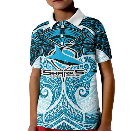 Personalized Cronulla-Sutherland Sharks Kid Polo Shirt Polynesian Tribal Pattern Style