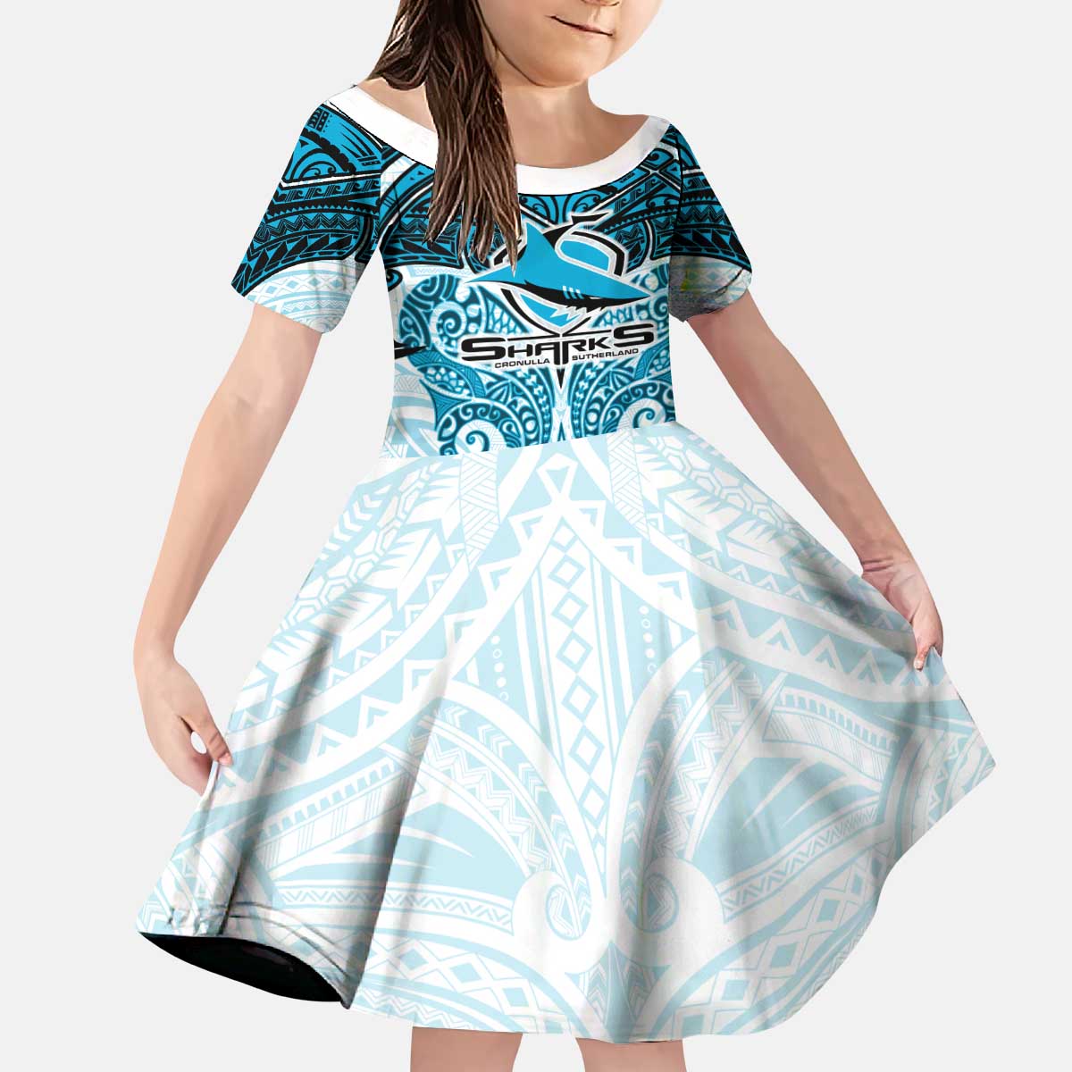 Personalized Cronulla-Sutherland Sharks Kid Short Sleeve Dress Polynesian Tribal Pattern Style