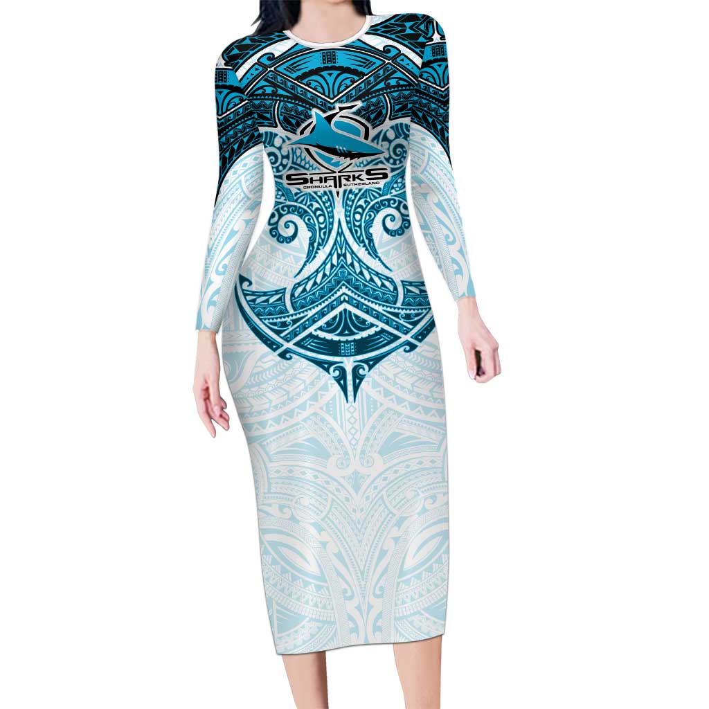 Personalized Cronulla-Sutherland Sharks Long Sleeve Bodycon Dress Polynesian Tribal Pattern Style