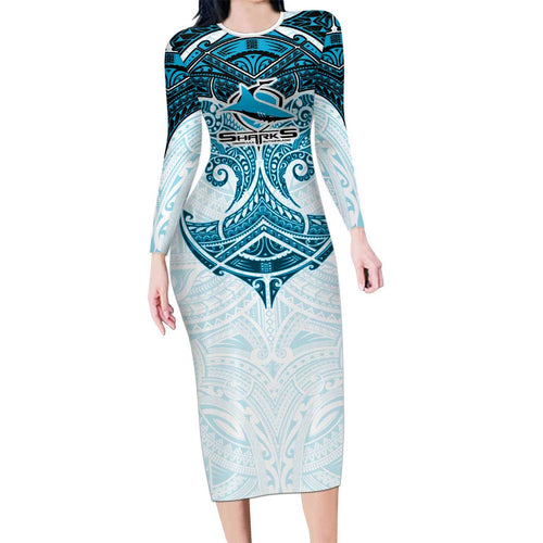 Personalized Cronulla-Sutherland Sharks Long Sleeve Bodycon Dress Polynesian Tribal Pattern Style