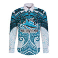 Personalized Cronulla-Sutherland Sharks Long Sleeve Button Shirt Polynesian Tribal Pattern Style