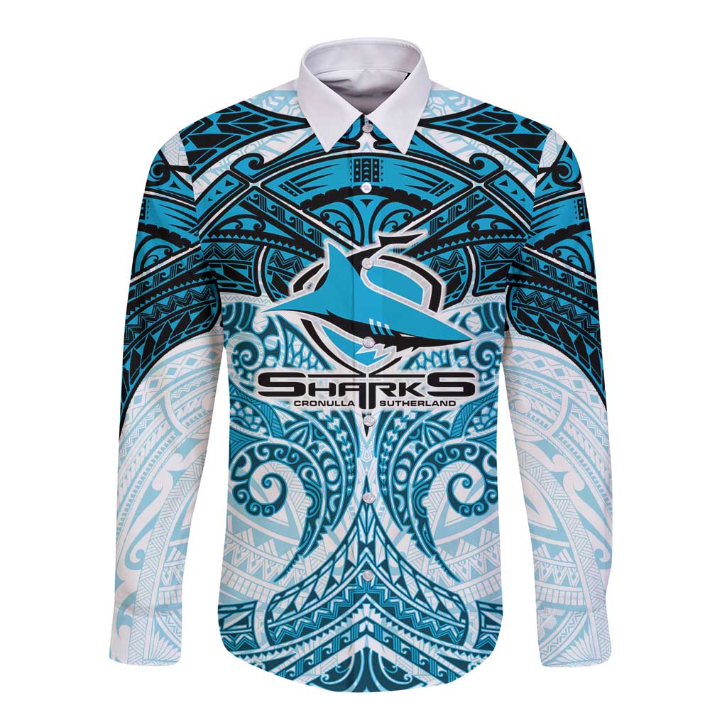Personalized Cronulla-Sutherland Sharks Long Sleeve Button Shirt Polynesian Tribal Pattern Style