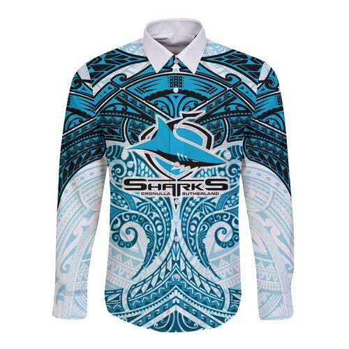 Personalized Cronulla-Sutherland Sharks Long Sleeve Button Shirt Polynesian Tribal Pattern Style