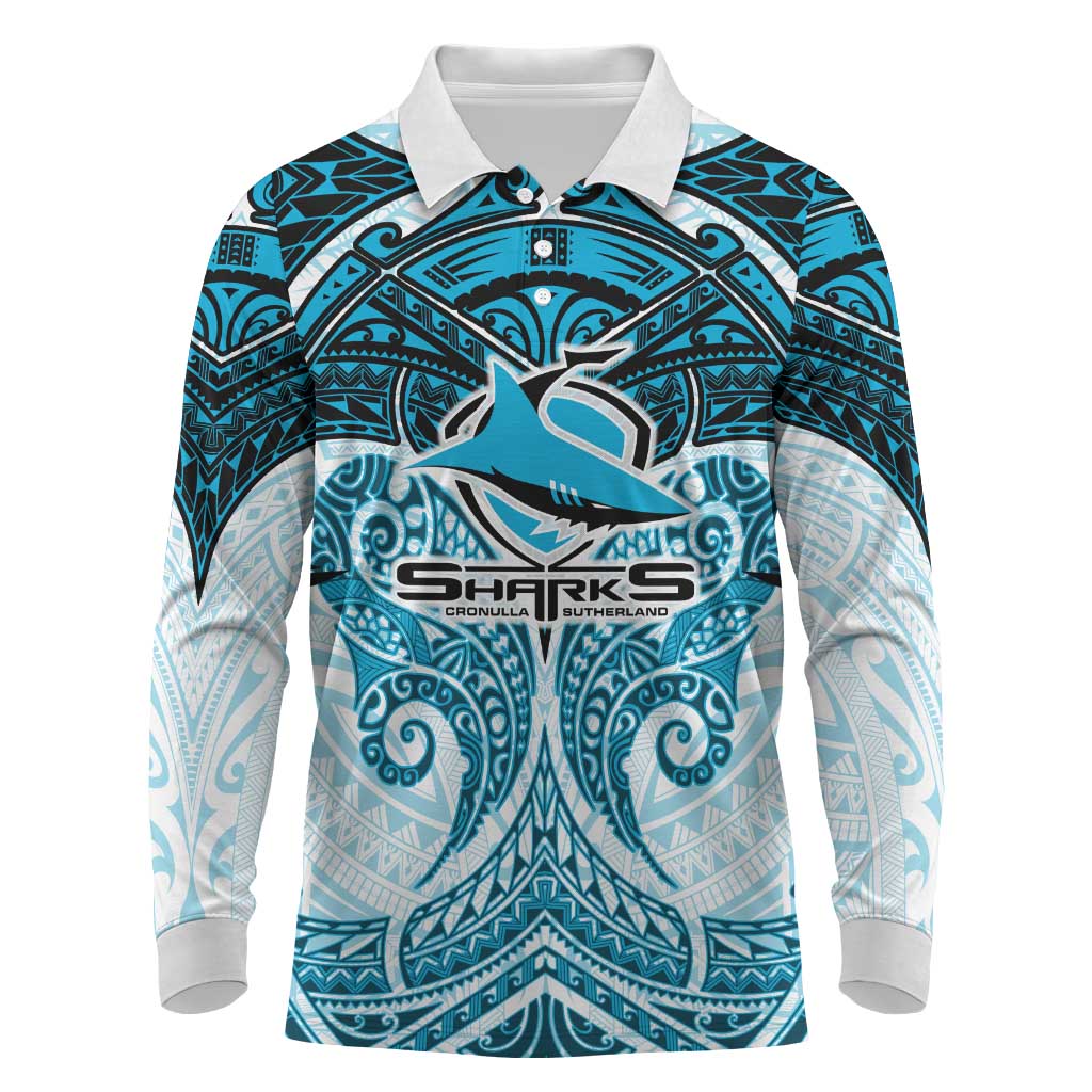 Personalized Cronulla-Sutherland Sharks Long Sleeve Polo Shirt Polynesian Tribal Pattern Style