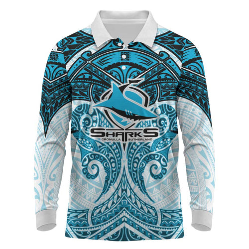 Personalized Cronulla-Sutherland Sharks Long Sleeve Polo Shirt Polynesian Tribal Pattern Style